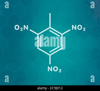 Trinitrotoluène (TNT) molécule hautement explosive. White formule topologique sur dark teal background avec modèle hexagonal. Banque D'Images