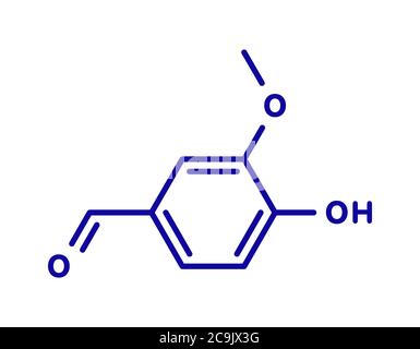 Molécule d'extrait de vanille de vanilline. Formule squelettique bleue sur fond blanc. Banque D'Images