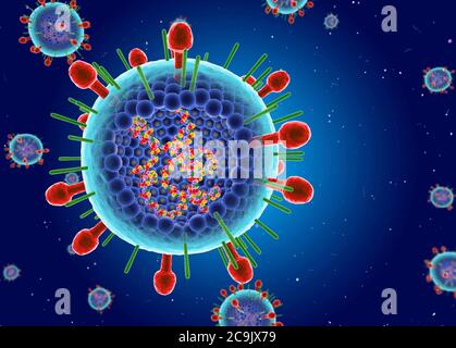 Virus respiratoire syncytial humain (HRSV). Illustration montrant la structure interne et l'ARN. Cette orthopneumovirus, un type de paramyxovirus, en est la cause Banque D'Images