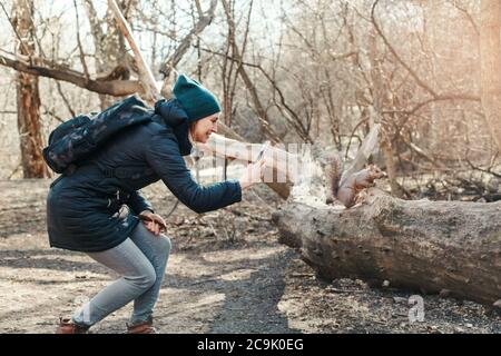 Femme caucasienne prenant une photo de l'écureuil dans le parc. Touriste voyageur fille prenant des photos d'animaux sauvages dans la forêt. Plein air amusant Banque D'Images