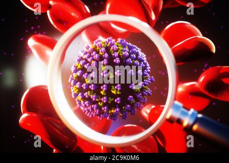 Recherche sur le coronavirus. Illustration d'un microscope montrant une particule de coronavirus contenant des globules rouges (érythrocytes). Différentes souches de coronavirus Banque D'Images