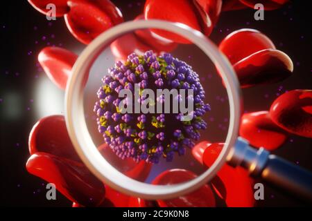 Recherche sur le coronavirus. Illustration d'un microscope montrant une particule de coronavirus contenant des globules rouges (érythrocytes). Différentes souches de coronavirus Banque D'Images