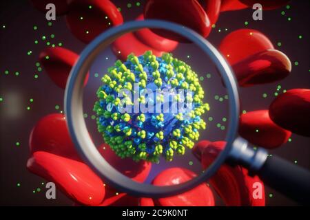 Recherche sur le coronavirus. Illustration d'un microscope montrant une particule de coronavirus contenant des globules rouges (érythrocytes). Différentes souches de coronavirus Banque D'Images