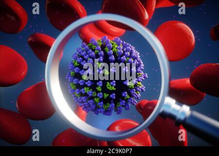 Recherche sur le coronavirus. Illustration d'un microscope montrant une particule de coronavirus contenant des globules rouges (érythrocytes). Différentes souches de coronavirus Banque D'Images