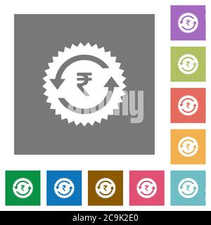La garantie de remboursement de roupie autocollant des icônes plates sur les fonds carrés de couleur simple Illustration de Vecteur