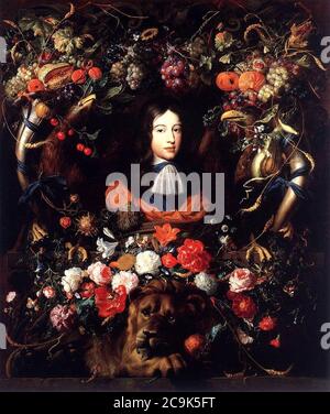 Jan Davidsz. De Heem - guirlande de fleurs et de fruits avec le portrait du prince William III d'Orange Banque D'Images