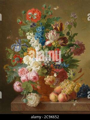 Jan Frans van DAEL - encore vie de roses, de pivoines, de tulipes, d'auricules, d'iris et d'autres fleurs dans un vase d'albâtre avec des fruits sur une laisse en pierre. Banque D'Images