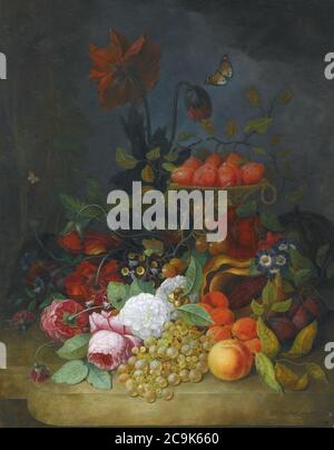 Jan Frans van DAEL - la vie des roses et autres fleurs, avec des prunes dans un grand panier, des raisins, des abricots et des groseilles à maquereau. Banque D'Images