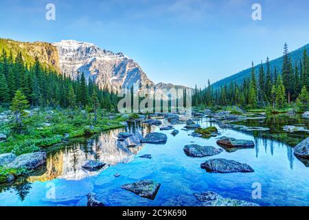 Randonnée sur le lac Moraine avec le mont Temple qui réfléchit au large des lacs de consolation au parc national Banff près du lac Louise, en Alberta, au Canada. Banque D'Images