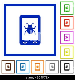 Logiciels mobiles malveillants icônes de couleur plate dans des cadres carrés sur fond blanc Illustration de Vecteur