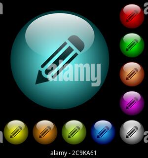 Icônes de crayons de couleur boutons sphériques lumineux en verre sur fond noir. Peut être utilisé pour les modèles noirs ou sombres Illustration de Vecteur