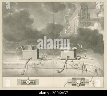 Jan van der Heyden - deux moteurs d'incendie sur le côté d'un canal. Banque D'Images