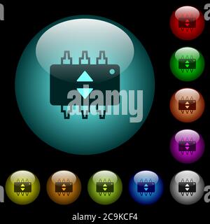 Le matériel affinez les icônes en couleur des boutons sphériques en verre lumineux sur fond noir. Peut être utilisé pour les modèles noirs ou sombres Illustration de Vecteur