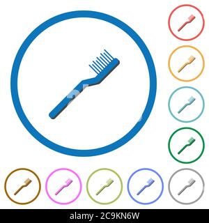 Brosse à dents à icônes vectorielles de couleur plate avec ombres dans des contours ronds sur fond blanc Illustration de Vecteur