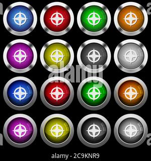 Directions de la carte icônes blanches dans des boutons ronds brillants avec des cadres en acier sur fond noir. Les boutons sont de deux styles différents et de huit couleurs. Illustration de Vecteur
