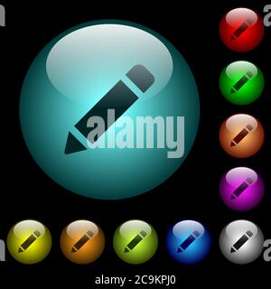 Crayon simple avec icônes en caoutchouc de couleur boutons sphériques lumineux en verre sur fond noir. Peut être utilisé pour les modèles noirs ou sombres Illustration de Vecteur