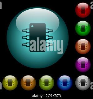Icônes de circuit intégré en couleur boutons sphériques lumineux en verre sur fond noir. Peut être utilisé pour les modèles noirs ou sombres Illustration de Vecteur