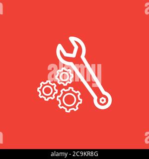 Icône Rouge De La Ligne D'Engrenage Et De La Clé Sur Fond Blanc. Illustration Vectorielle De Style Plat Rouge Banque D'Images