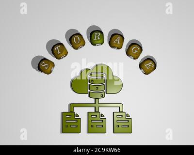 Représentation 3D du stockage avec icône sur le mur et texte disposé par des lettres cubes métalliques sur un fond miroir pour la signification du concept et la présentation du diaporama. Illustration et données Banque D'Images