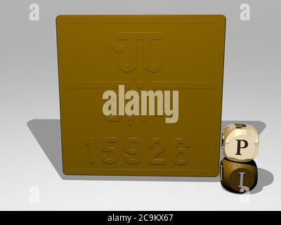 Représentation 3D de PI avec icône sur le mur et texte disposé par des lettres cubes métalliques sur un fond miroir pour la signification du concept et la présentation du diaporama. Arrière-plan et illustration Banque D'Images
