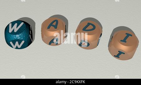 mots croisés de wadi disposés par des lettres cubes sur un sol miroir, concept de signification et de présentation. jordanie et désert. Illustration 3D Banque D'Images