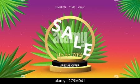 Scène dorée métallisée avec feuilles de palmier, plate-forme ronde et réaliste, cadre minimal, scène 3d pour la présentation ou la maquette du produit. Illustration de Vecteur