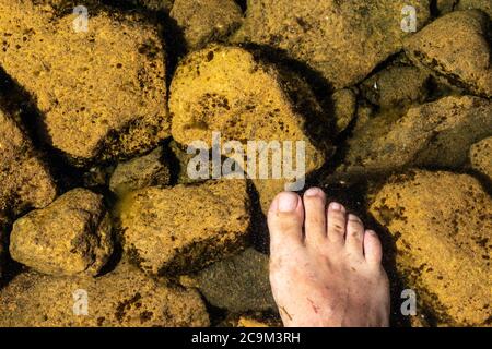 Dans l'eau claire du lac est le pied d'une femme. Photo prise au lac Uvildy, région de Chelyabinsk, Russie. Banque D'Images