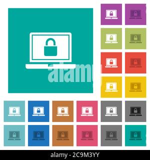 Icônes plates multicolores pour ordinateur portable verrouillé sur fond carré Uni. Inclut des variantes d'icône blanche et foncée pour les effets de survol ou actifs. Illustration de Vecteur