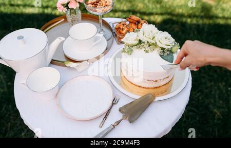 Mise en place de table, théière, tasses, gâteau, vue latérale Banque D'Images