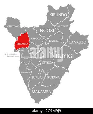 Bubanza rouge mis en évidence sur la carte du Burundi Banque D'Images