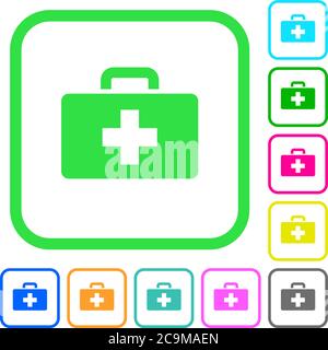 Trousse de premiers soins icônes plates aux couleurs vives avec bordures incurvées sur fond blanc Illustration de Vecteur