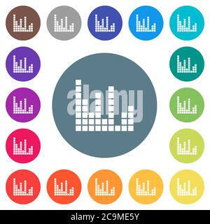 Barres de son icônes blanches plates sur fond de couleur ronde. 17 couleurs d'arrière-plan sont incluses. Illustration de Vecteur