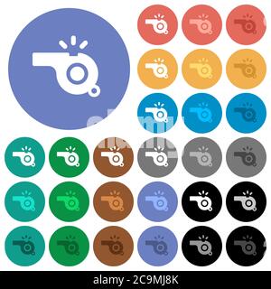 Sifflez les icônes plates multicolores sur les arrière-plans ronds. Inclus des variantes d'icônes blanches, claires et sombres pour les effets de survol et de statut actif, ainsi que des bonus Illustration de Vecteur