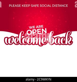 Bienvenue. Nous sommes ouverts. Nous travaillons à nouveau. Restez à distance. Vecteur EPS 10 Illustration de Vecteur
