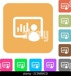 Icônes de présentation plates sur des arrière-plans carrés arrondis aux couleurs vives. Illustration de Vecteur