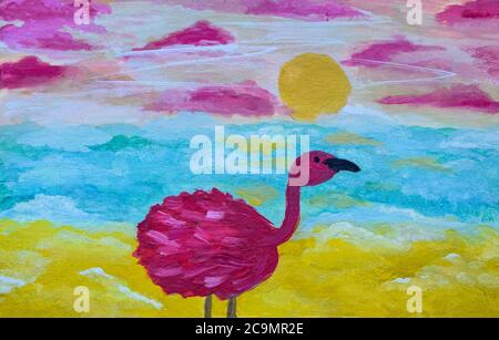 Flamant rose au coucher du soleil sur la rive. Peinture de gouache sur papier blanc. Banque D'Images
