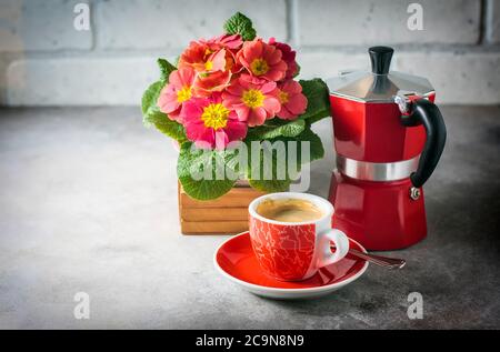 Gros plan du café chaud, du moka-pot et des fleurs. Mise au point sélective Banque D'Images