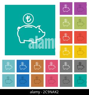 La banque de porc turque de Lira est composée de plusieurs icônes plates colorées sur des fonds carrés simples. Inclut des variantes d'icône blanche et foncée pour les effets de survol ou actifs. Illustration de Vecteur