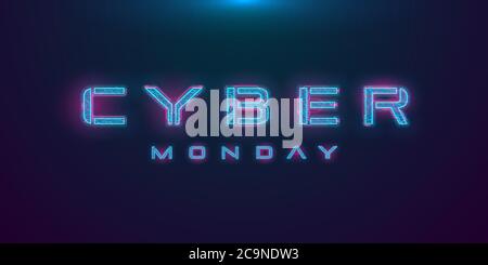 Cyber Monday solde HUD hologramme bannière de style cyberpunk. Inscription futuriste au néon du cyber lundi sur fond sombre. Élément de conception pour l'événement Illustration de Vecteur