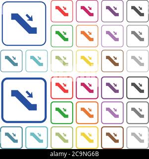 L'affiche de bas de l'escalier roulant colore les icônes plates dans des cadres carrés arrondis. Versions minces et épaisses incluses. Illustration de Vecteur