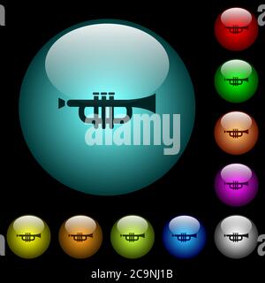 Icônes de trompette en couleur boutons sphériques en verre illuminés sur fond noir. Peut être utilisé pour les modèles noirs ou sombres Illustration de Vecteur