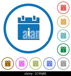 Infos programme icônes vectorielles couleur plates avec des ombres dans des contours ronds sur fond blanc Illustration de Vecteur