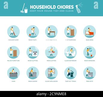 Femme faisant des tâches domestiques à la maison: Elle nettoie la maison, se lavant des vêtements et se fatiguant, concept de style de vie, icônes ensemble Illustration de Vecteur