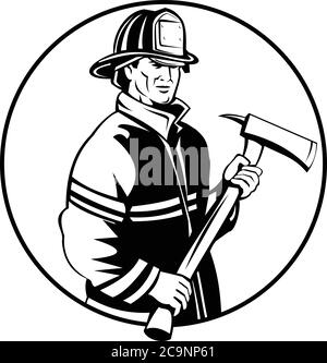 Illustration mascotte d'un pompier américain ou d'un pompier tenant une hache à l'intérieur d'un cercle vu de l'avant sur un arrière-plan isolé dans un noir rétro an Illustration de Vecteur