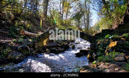 Pont en pierre sur la rivière rapide en automne Banque D'Images
