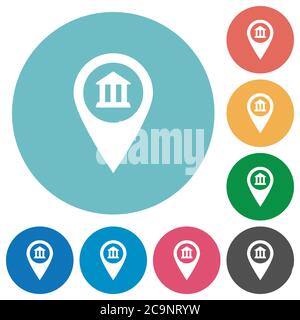 Emplacement de la carte GPS du bureau de banque icônes blanches plates sur fond de couleur ronde Illustration de Vecteur