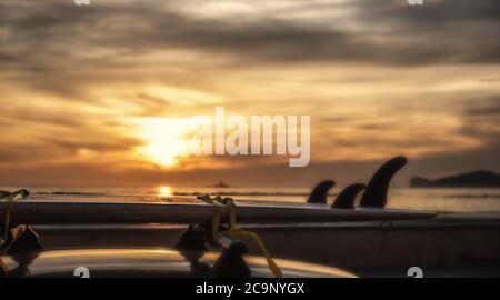 Planche de surf sur le toit d'une voiture au coucher du soleil Banque D'Images