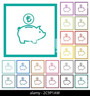 Turc Lira porggy Bank icônes de couleur plate avec cadres quadrants sur fond blanc Illustration de Vecteur