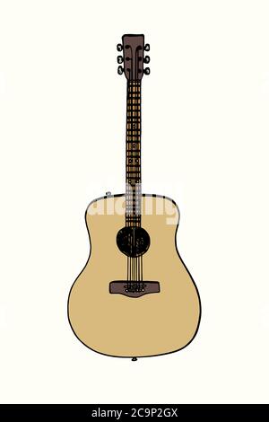 Guitare acoustique, gravure de doodle dessinée à la main style vintage, croquis, illustration de couleur Banque D'Images