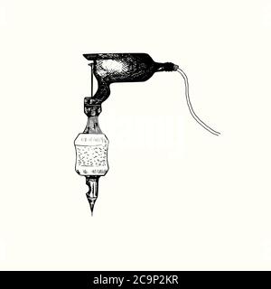 Machine de tatouage rotatif à module moderne, Doodle dessiné à la main, dessin en forme de gravure, illustration d'esquisse, élément de conception Banque D'Images